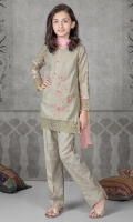 3 piece shirt trouser and dupatta Beige lawn shirt with embroidered patch on hem and sleeves Beige jacquard sleeves Screen printed cambric trouser Pink chiffon dupatta Embellishesed with kiran lace, pearls and buttons