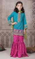 3-piece frock gharara and dupatta Blue self printed A line short frock with embroidery on neck, sleeves and hem Pink screen printed cambric gharara Green chiffon dupatta Embellished with pearls snd buttons