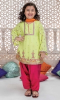 3 piece Frock, Shalwar and Dupatta Neon green georgette embroidered frock with pink grip shalwar Orange chiffon dupatta Embellished with buttons.