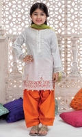 3 piece Shirt, Shalwar and Dupatta White lawn embroidered shirt with orange lawn shalwar Lime green net dupatta Embellished with pearls, buttons and kiran lace