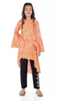 2 Piece Frock And Trouser Orange Screen Printed Lawn Frock Black Lawn Trouser With Embroidered Patch Embellished With Coins