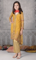 3-piece shirt trouser and dupatta Mustard net open shirt with embroidered neck, sleeves and hem Grip screen printed trouser Orange chiffon dupatta Embellished with pearls and kiran lace