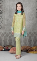 3 piece shirt trouser and dupatta Green jacquard shirt with net sleeves Embroidered sleeves and hem Cambric trouser Ferozi chiffon dupatta Embellished with kiran lace and buttons
