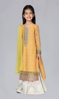 Shirt fabric: Dobby Trouser fabric: Jacquard Dupatta fabric: Chiffon Dobby embroidered shirt and embroidered sleeves comes with white jacquard loose cut trouser and yellow green dupatta.