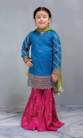 3 Piece Shirt, Trouser, Dupatta Blue self-printed embroidered shirt with pink screen printed cambric shalwar Green net dupatta Embellished with buttons, tilla balls and kiran lace