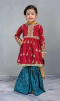 3 Piece Shirt, Trouser, Dupatta Red self-printed embroidered frock with screen printed blue cambric gharara Yellow chiffon dupatta Embellished with kiran lace