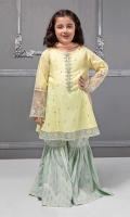 3 piece Frock, Gharara and Dupatta Yellow lawn fully embroidered A-line frock with green screen printed gharara Pink chiffon dupatta Embellished with pearls and buttons