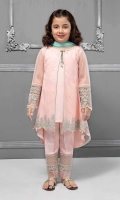 3 piece Gown, Trouser and Dupatta Pink front open net gown with grip undershirt Embroidered sleeves and hem Pink grip embroidered trouser Blue net dupatta Embellished with pearls, sequin and buttons