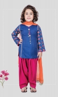 3 piece Shirt, shalwar and dupatta Blue self- printed linen shirt with full embroidered sleeves Pink cambric shalwar with orange chiffon dupatta Embellished with pearls and buttons