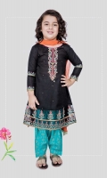 3 piece Frock, shalwar and dupatta Black khadder long frock with embroidered sleeves, neck and hem Blue khadder screen printed shalwar with orange chiffon dupatta Embellished with kiran lace, tilla balls, sequin and buttons