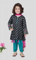 3 piece Frock, shalwar and dupatta Black screen printed khadder frock with embroidered patti on sleeves Ferozi khadder shalwar with pink chiffon dupatta Embellished with kiran lace, tassels and buttons