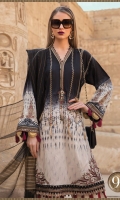 Embroidered printed lawn front Printed lawn back Embroidered printed lawn sleeves Printed lawn sleeve patti Printed cambric trouser Woven khaddi dupatta Embroidered lawn neck patti Embroidered organza ghera patch Embroidered lawn sleeve patti Embroidered lawn ghera patti