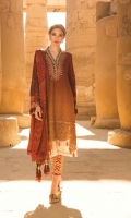 Shaded woven jacquard lawn front and back Embroidered woven jacquard lawn sleeves Jute embroidered neckline Patti with pearls Embroidered neckline Burnout embroidered ghera patch Burnout embroidered sleeve patch Printed lawn sleeve patti Printed cambric trouser Jacquard chiffon dupatta
