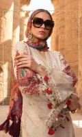 Hand woven jacquard lawn front Hand woven jacquard lawn back Hand woven jacquard lawn sleeves I Embroidered organza sleeves II Embroidered organza sleeve patti Embroidered neck patti with pearls Embroidered organza ghera patti Embroidered organza sleeve patches Schiffli embroidered cambric trouser Embroidered printed chiffon dupatta �