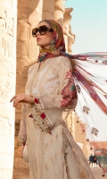 Hand woven jacquard lawn front Hand woven jacquard lawn back Hand woven jacquard lawn sleeves I Embroidered organza sleeves II Embroidered organza sleeve patti Embroidered neck patti with pearls Embroidered organza ghera patti Embroidered organza sleeve patches Schiffli embroidered cambric trouser Embroidered printed chiffon dupatta �