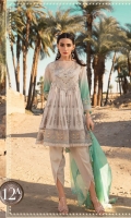Printed crinkle lawn front and back Embroidered lawn yoke front Embroidered printed lawn sleeves Printed lawn sleeve patti Embroidered organza ghera patti Woven khaddi dupatta Embroidered dupatta schiffli cutwork edge lace Dyed cambric trouser