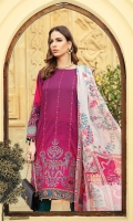 Printed and embroidered front 1.25m Printed back 1.25m Printed sleeves 0.65m Embroidered sleeve patti 1m Printed trouser 2m Chiffon printed dupatta 2.5m