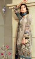 Printed and embroidered center panel 1piece Printed and embroidered side panel 2pieces Printed back 1.25m Printed sleeves 0.65m Embroidered ghera patch 1piece Embroidered ghera patti 1m Dyed trouser 2m Silk printed dupatta 2.5m