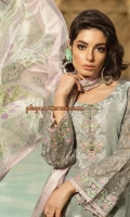 Jacquard front 1.25m Printed back 1.25m Chiffon embroidered sleeves 0.67m Embroidered neckline 1piece Embroidered ghera patti 1m Embroidered sleeve patti 1m Printed trouser 2m Printed silk dupatta 2.5m