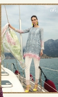 Schiffli embroidered front 1.25m Printed back 1.25m Printed sleeves 0.65m Embroidered ghera patti 1m Embroidered sleeve patti 1m Silk printed dupatta 2.5m Printed trouser 2m Swarovski buttons