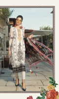 Printed front 1.25m Printed back 1.25m Chiffon embroidered sleeves 0.67m Embroidered neckline 1piece Embroidered sleeve patti 1m Dyed trouser 2m Chiffon printed dupatta 2.5m