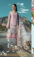 Printed front 1.25m Printed back 1.25m Printed sleeves 0.65m Schiffli embroidered panel 1piece Embroidered ghera patti 1m Embroidered sleeve patti 1 m Embroidered trouser 2m Embroidered trouser patch 2pieces Silk printed dupatta 2.5m Swarovski buttons