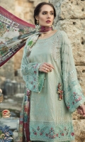 Printed front 1.25m Printed back 1.25m Chiffon embroidered sleeves 0.67m Embroidered neckline 1piece Embroidered neckline patti 1m Embroidered ghera and sleeve patti 2m Printed trouser 2m Silk printed dupatta 2.5m
