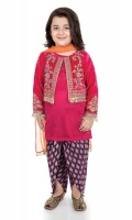 3 pieces Shirt, jacket, shalwar and dupatta Pink silk shirt with velvet embroidered jacket Purple screen printed grip shalwar Orange net dupatta Embellished with kiran lace