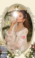 Pure organza embroidered panel  Pure organza embroidered spray fabric  Embroidered chiffon sleeves I  Embroidered chiffon sleeves II Embroidered organza ghera lace Embroidered panel patti  Schifflighera lace front with pearls  Schifflighera lace back and sleeves  Schiffli panel lace  Embroidered chiffon dupatta  Embroidered dupattapallu  Embroidered dupatta allover lace Jacquard trouser  Grip undershirt  3D flowerschffli sleeve lace