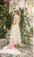 hand-woven organza jacquard front hand-woven organza jacquard back hand-woven organza jacquard sleeves organza embroidered center panel front organza embroidered cutwork sleeve patti 1 organza embroidered sleeve patti 2 organza embroidered ghera lace (front & back) hand-woven jacquard trouser organza embroidered trouser lace embellished neck patti embellished neck patch chiffon embroidered dupatta schiffli embroidered dupatta lace cotton satin undershirt