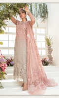 Embroidered & hand embellished organza neck line Embroidered net front yoke with pearls & 3d flowers hand work Embroidered shaded chiffon front jaal Embroidered net sleeves with pearls & 3d flowers hand work Embroidered & hand embellished organza sleeve patch Embroidered organza ghera patch Shaded chiffon back Dyed net for back bodice Embroidered chiffon dupatta Embroidered orgnaza dupatta pallu lace Embroidered organza dupatta pallu Dyed raw silk trouser Dyed cotton satin under shirt