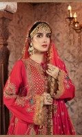 Embroidered Raw Silk Center Panel With Handwork Embroidered Raw Silk Side Panel Right & Left Embroidered Raw Silk Sleeves Rawsilk Back Embroidered Organza Ghera Patch Embroidered Velvet Ghera Patti Tie N Dye Embroidered Organza Dupatta Embroidered Organza Dupatta Patti Dyed Jacquard Dhaka Pajama