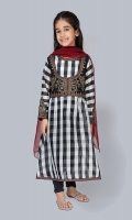 Shirt fabric: Lawn Trouser fabric: Cambric Dupatta fabric: Chiffon Check shirt with black embroidered jacket embroidered sleeves comes with black cambric chori pajama and maroon chiffon dupatta.