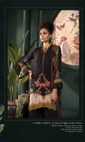 Printed linen shirt Printed chiffon dupatta Dyed cambric trouser Embroidered velvet neckline patti Embroidered neckline