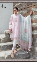 Schiffli lawn front  Printed lawn back  Printed sleeve motif 2pieces Lawn schiffli sleeves  Printed chiffon dupatta  Dyed cambric trouser  Embroidered sleeve lace