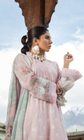 Schiffli lawn front  Printed lawn back  Printed sleeve motif 2pieces Lawn schiffli sleeves  Printed chiffon dupatta  Dyed cambric trouser  Embroidered sleeve lace