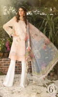 Printed lawn shirt Cambric trouser Printed chiffon dupatta Embroidered neckline Embroidered trouser patch