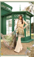 Printed lawn front Cambric trouser Silk printed dupatta Printed trouser patti Embroidered sleeve patch