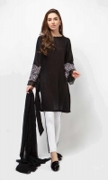 3 Piece Shirt, Trouser and Dupatta Black Lawn shirt with embroidered sleeves Straight cotton pants Chiffon dupatta