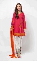 3 Piece Shirt, Trouser and Dupatta Angrakha cut lawn shirt with embroidered sleeves and border White cotton embroidered shalwar Orange-chiffon dupatta