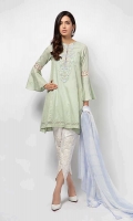 3 Piece Shirt, Trouser and Dupatta Straight lawn shirt with embroidered neckline, schiffli lace details on flared sleeves and shirt border Embroidered cotton tulip pants Chiffon dupatta