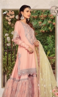 Plain Cotton Satin Front & Back Plain Chiffon Sleeves Embroidered Cotton Satin Sleeve Patch Embroidered Organza Neckline Embroidered Organza Side Chak Patches Embroidered Organza Ghera Lace Embroidered Organza Gharara Fabric Plain Cotton Satin Gharara Lining Embroidered Organza Gharara Lace Printed Organza Dupatta Embroidered Dupatta Patti