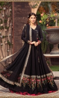 Embroidered Cotton Satin Front & Sleeves Plain Cotton Satin Back Embroidered Cotton Satin Sleeve Patti Embroidered Net Dupatta Embroidered Velvet Dupatta Patti Plain Cotton Satin Trouser Embroidered Cotton Satin Front Ghera Lace Embroidered Cotton Satin Back Ghera Lace Embroidered Cotton Satin Neck Lace Embroidered Tassels