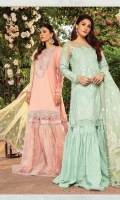 Embroidered Cotton Satin Front Plain Cotton Satin Back & Side Panels Embroidered Cotton Satin Sleeves Plain Satin Gharara Fabric I Jacquard Gharara Fabric II Jacquard Gharara Patti Plain Organza Ghera Patch Pearl Organza Patch Organza Jacquard Dupatta