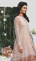 Embroidered shaded net front with pearls Shaded net back Embroidered net sleeves with pearls Embroidered net dupatta with pearls Embroidered organza neckline patti with pearls Embroidered organza dupattapallupatti Cotton satin under shirt Jacquard trouser