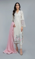 Shirt, Trouser, Dupatta Lawn shirt with embroidered border and embroidered sleeves paired with lawn cotton straight embroidered pants with check organza dupatta