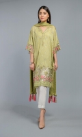 Shirt, Trouser, Dupatta Chiffli front lawn shirt with embroidered sleeves and border Paired with lawn cotton straight pants Matching crushed dupatta with tassel details