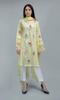 Shirt, Trouser, Dupatta Lawn embroidered panelled shirt Stitching details on side pannels Embroidered sleeves with embroidered organza border paired with white lawn cotton straight pants and matching chiffon dupatta.