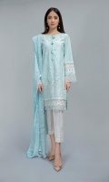 Shirt, Trouser, Dupatta Chiffli lawn shirt with organza Chiffli detailed sleeves paired with white straight pants Chiffon Embroidered dupatta