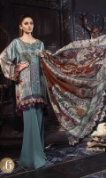 Digital printed pure charmeuse silk front and back 2.5m Digital printed sleeves 0.65m Digital printed silk dupatta 2.5m Dyed cotton satin trouser 2.5m Embroidered and embellished neckline 1 piece
